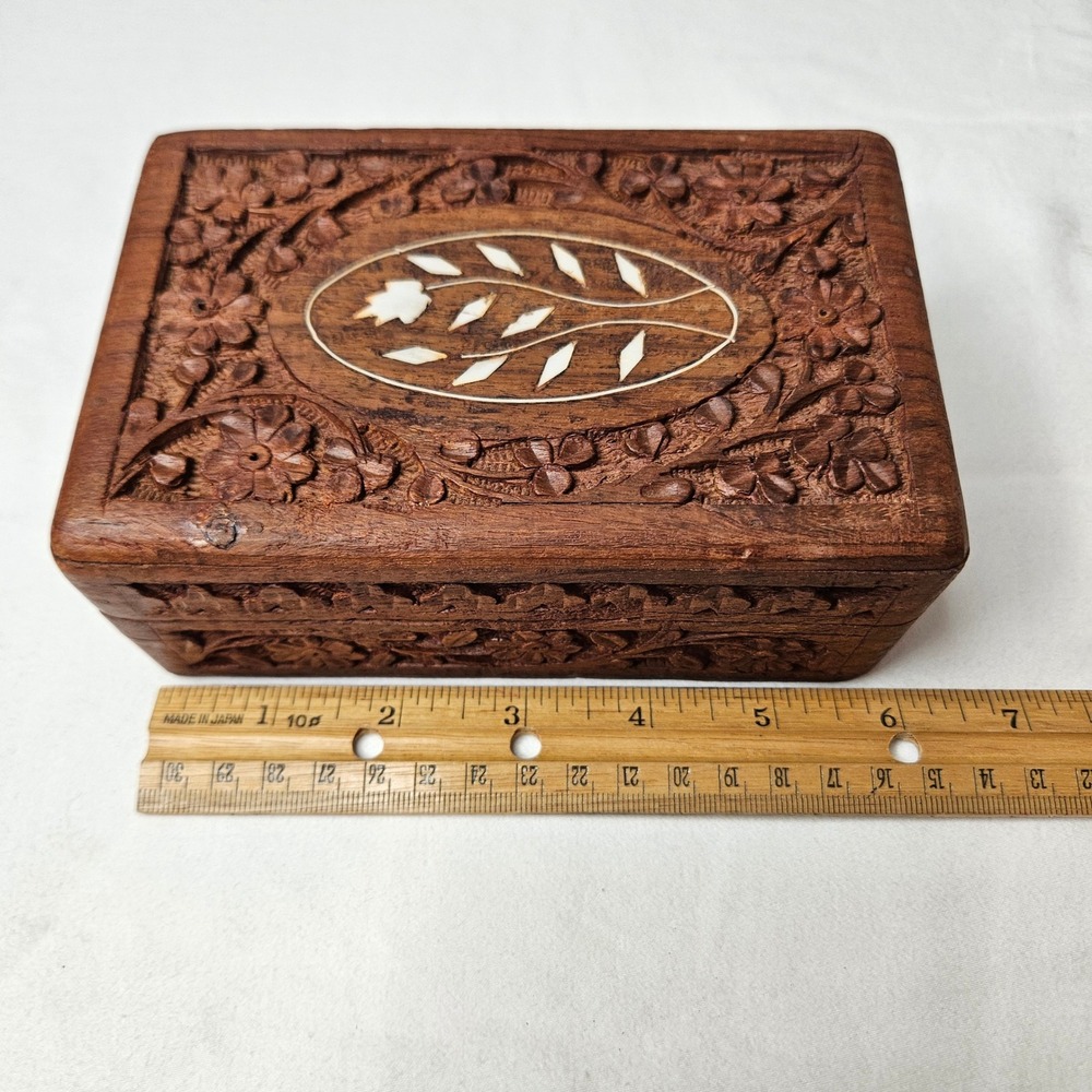Vtg Hand Carved Wood‎ Jewelry Trinket Box Mother of Pearl Inlay Floral Boho